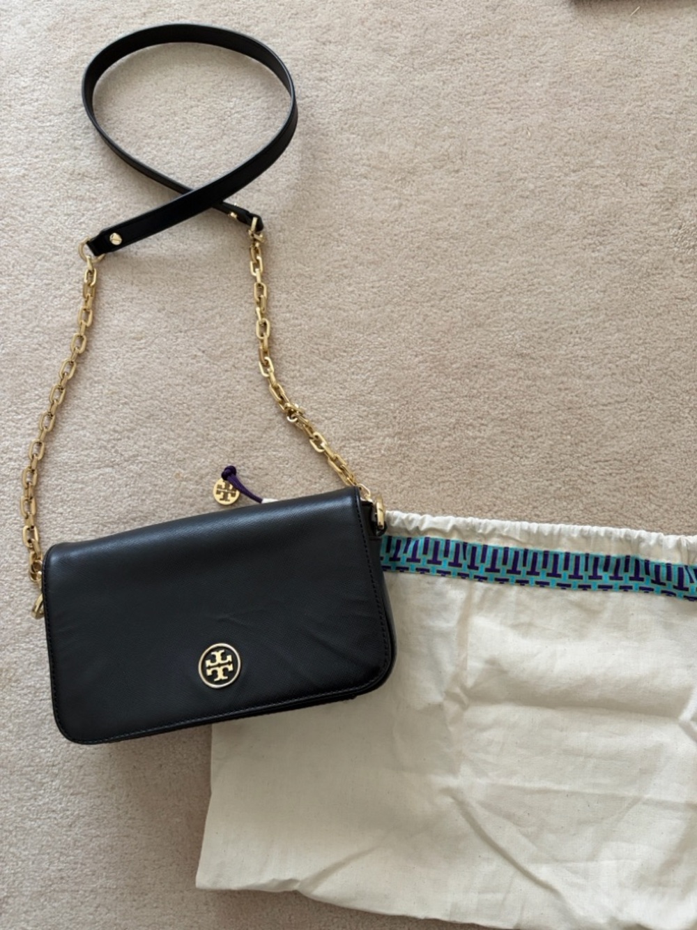 AUTHENTIC Tory Burch Black Leather Crossbody Bag with Gold Chain